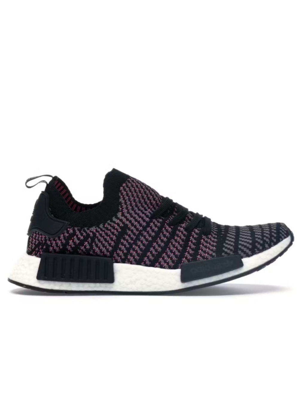 Adidas Men's NMD R1 STLT Black Grey Solar Pink Primeknit Lace-Up Running Sneaker